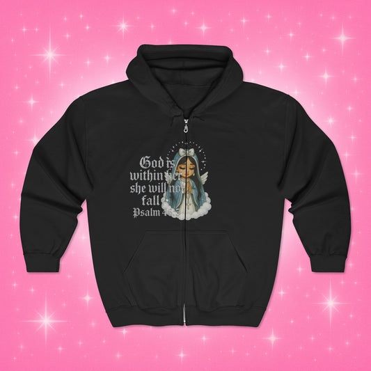 Virgin Mary Sparkly Zip Hoodie - God Is Within Her, Psalm 46:5