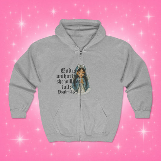 Virgin Mary Sparkly Zip Hoodie - God Is Within Her, Psalm 46:5